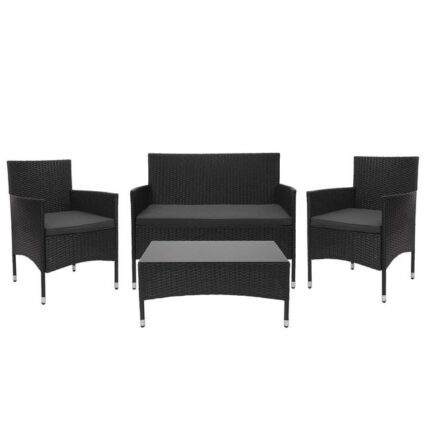 Salon de jardin balcon jardin en polyrotin noir canapé fauteuils table coussin gris foncé 04_0004212