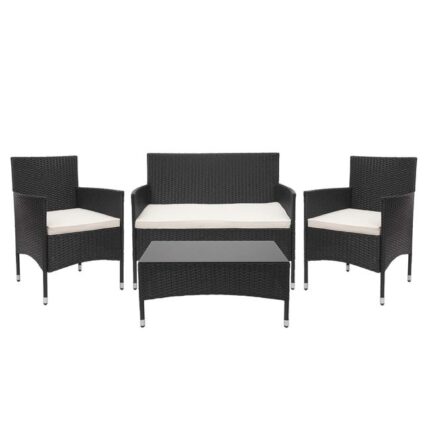 Salon de jardin balcon jardin en polyrotin noir canapé fauteuils table coussin crème 04_0004211