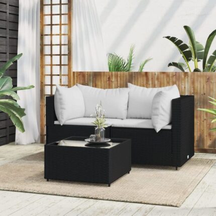 Salon de jardin 3 pcs avec coussins Noir Résine tressée vidaXL