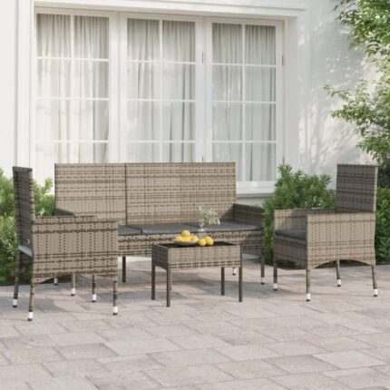 Salon de jardin 4 pcs avec coussins Gris Résine tressée vidaXL