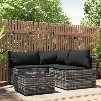 Salon de jardin 4 pcs avec coussins Gris Résine tressée vidaXL