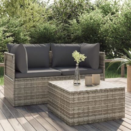 Salon de jardin 3 pcs avec coussins Gris Résine tressée vidaXL