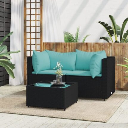 Salon de jardin 3 pcs avec coussins Noir Résine tressée vidaXL