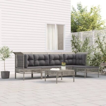 Salon de jardin 6 pcs avec coussins Gris Résine tressée vidaXL