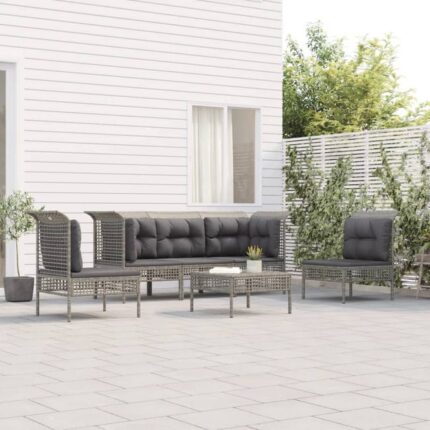 Salon de jardin 6 pcs avec coussins Gris Résine tressée vidaXL