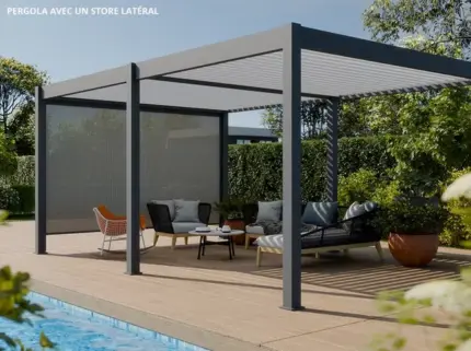 Pergola Bioclimatique Aluminium Autoportée 19m2 - 3,6x5,3 - Store Latéral Inclus - Anthracite - 34 lames en Aluminium a 120° - Tonnelle - ECLIPSE