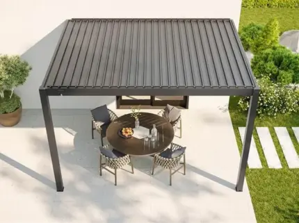 Pergola Bioclimatique Aluminium Adossée 12m2 - 3x4m - Deux Stores Inclus - Anthracite - 29 Lames en Acier galvanisé - Inclinable à 90° - Tonnelle