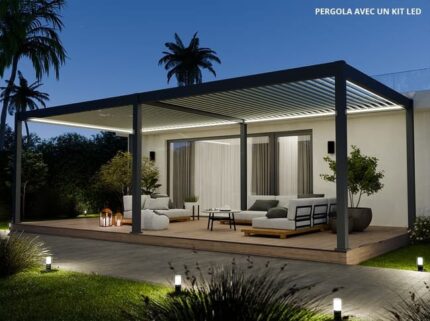 Pergola Bioclimatique Aluminium Autoportée 32m2 - 4x8m - Kit LED Inclus - Anthracite - 50 lames en Aluminium a 120° - ECLIPSE