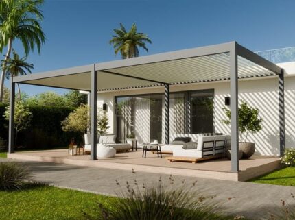 Pergola Bioclimatique Aluminium Autoportee 32m2 - 4x8m- Anthracite - Traité et Certifié Resistant UV - Etanche - Lames Inclinables - ECLIPSE 32