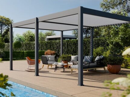 Pergola Bioclimatique Aluminium Autoportee 19m2 - 3,6x5,3m Gris - ECLIPSE - Lames Orientables de 0 à 120°