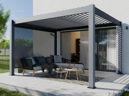 Pergola Bioclimatique Aluminium Autoportée 12m2 - 3x4m Store Lateral Inclus - Anthracite - 24 lames en Acier Galvanisé Inclinables a 90 degrés