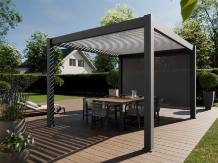 Pergola Bioclimatique Aluminium Autoportée 12m2 - 3x4m Store Lateral Inclus - Anthracite - 25 lames en Aluminium Inclinables a 90 degrés