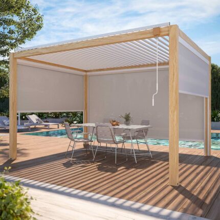 Pergola bioclimatique autoportée en bois blanc 3x4m + 3 stores ( 2 stores 2,80 x 2,30 m et 1 store 3,80 x 2,30 m ) Corato- Oviala