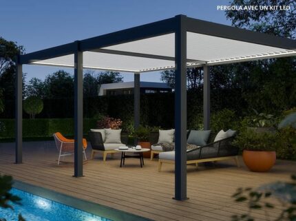 Pergola Bioclimatique Aluminium Autoportée 19m2 - 3,6x5,3 - Kit LED Inclus - Anthracite - 34 lames en Aluminium a 120° - ECLIPSE