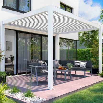 Pergola bioclimatique autoportée motorisée et éclairée 3x4 m blanc Kavala- Oviala