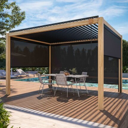 Pergola bioclimatique autoportée en bois noir 3x4m + 3 stores ( 2 stores 2,80 x 2,30 m et 1 store 3,80 x 2,30 m ) Corato- Oviala
