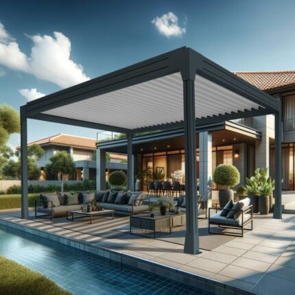 Pergola bioclimatique TRESNA îlot 4.00 x 3.050m Vérin à Télécommande (Gris anthracite / Blanc)