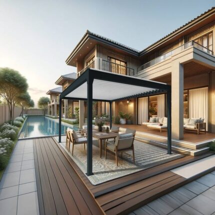 Pergola bioclimatique DASHURIA îlot 4.00 x 3.013m Vérin à Télécommande (Gris anthracite / Blanc)