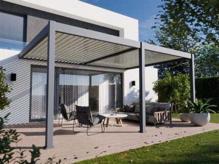 Pergola Bioclimatique Aluminium Adossee 19 m2 - 3,6 x 5,3m - Gris - Lames Orientables de 0 à 120° - HALO 19