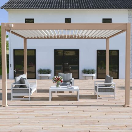 Pergola bioclimatique Ombréa autoportante VS - 3x4M Beige + 1 store 4M blanc-