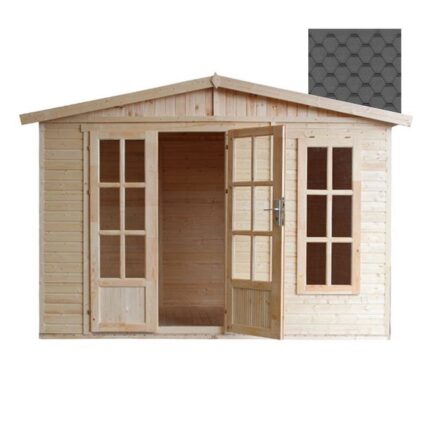 TIMBELA M334FB Cabane en bois avec plancher, avec bardeaux bitumineux couleur NOIR l332xP222xH232cm/6m2, Abri en bois de jardin multifonctionnel