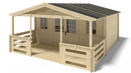 Abri de jardin en bois - 5x4 m + terrasse avec balustrade et avant-toit en bois - 30 m2 - DOM598+DOM613+DOM615+POD04 - ALTANKA
