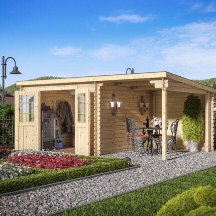 Abri de jardin en bois mono pente de 9m² et auvent de 6m²