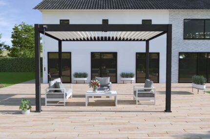 Pergola bioclimatique autoportante noir/blanc - 300 x 400 x H. 258 cm