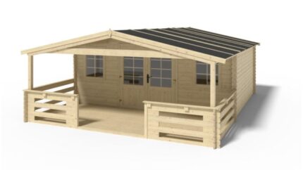 Abri de jardin en bois - 5x4 m + terrasse avec balustrade et avant-toit en bois - 30 m2 - DOM526+DOM600+DOM601+POD04 - ALTANKA