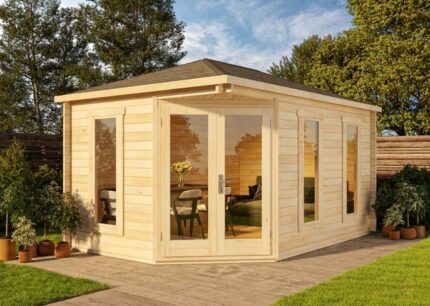 Abri de jardin pentagonal Lido-40 Alpholz, 4.7x3.3m dim. ext. (cas échéant incl. débord de toit) naturel, 40mm, 15,3m² superficie totale