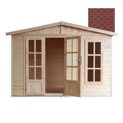 TIMBELA M334FB Cabane en bois avec plancher, avec bardeaux bitumineux couleur ROUGE l332xP222xH232cm/6m2, Atelier, Studio