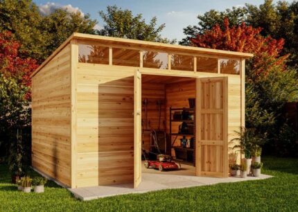 Cabane à outils Q Line Alpholz, 3.7x2.7m dim. ext. (cas échéant incl. débord de toit) naturel, épaisseur paroi : 28mm, 9,9m² totale
