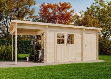 Abri de jardin Corfou avec extension et toit en pente Alpholz, 5.6x2.2m dim. ext. (cas échéant incl. débord de toit) naturel, 28mm, 12,5m² totale