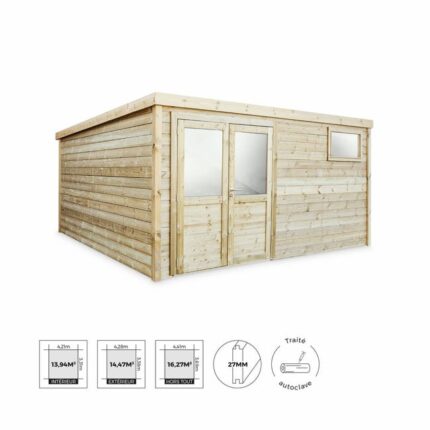 Abri de jardin contemporain 4.2 x 3.3m traité autoclave classe 3. Risoul en bois de 16.27m². structure en bois sylvestre