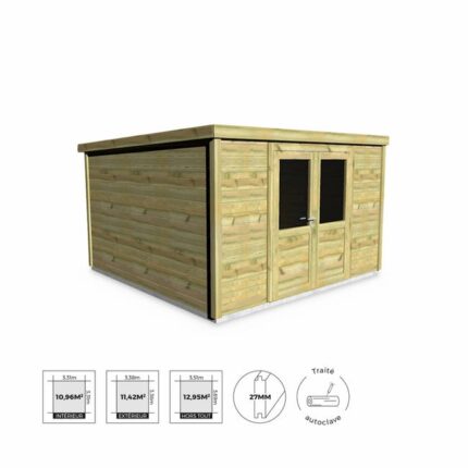 Abri de jardin contemporain 3.3 x 3.3m traité autoclave classe 3. Valloire en bois de 12.95m². structure en bois