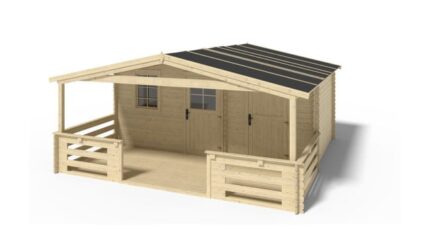 Abri de jardin en bois - 5x3 m + terrasse avec balustrade et avant-toit en bois - 35 m2 - DOM578+DOM600+DOM601+POD04 - ALTANKA