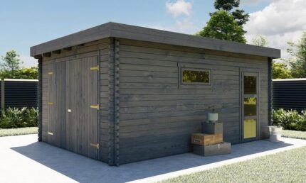 Garage TOUSCHALETS FURIANI double porte, porte de service et fenêtre - bois traité autoclave gris 360x520cm ép 28mm