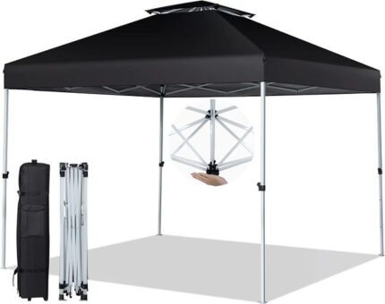 Gazebo Pieghevole da Giardino 3 x 3 m, Gazebo Pop Up Impermeabile con Telaio in Acciaio, Altezza Regolabile, Doppio Tetto e Borsa con Ruote