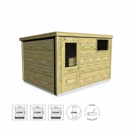Abri de jardin contemporain 3.3 x 2.5m traité autoclave classe 3. Chamrousse en bois de 10.15m². structure en bois