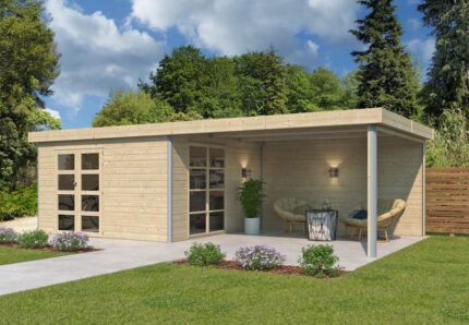 Abri jardin bois 28mm + auvent - toit acier - 15m2