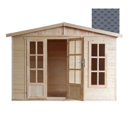 TIMBELA M334FB Cabane en bois avec plancher, avec bardeaux bitumineux couleur GRIS l332xP222xH232cm/6m2, Abri en bois de jardin multifonctionnel