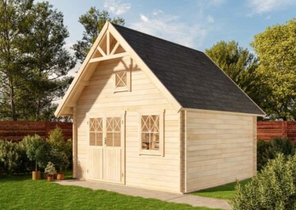 Chalet à la suédoise 44 ISO Alpholz, 4.6x4.7m dim. ext. (cas échéant incl. débord de toit) naturel, épaisseur paroi : 44mm, 21,8m² totale