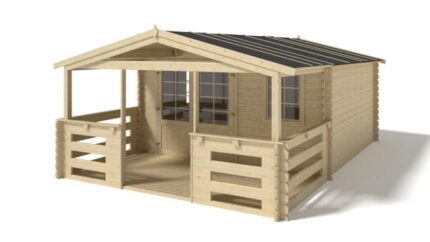 Abri de jardin en bois - 4x4 m + terrasse avec balustrade et avant-toit en bois - 24 m2 - DOM611+DOM617+DOM545+POD04 - ALTANKA