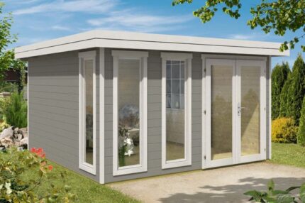 Abri de jardin Aldo-28 B Alpholz, 4.3x4.3m dim. ext. (cas échéant incl. débord de toit) naturel, épaisseur paroi : 28mm, 18,3m² totale