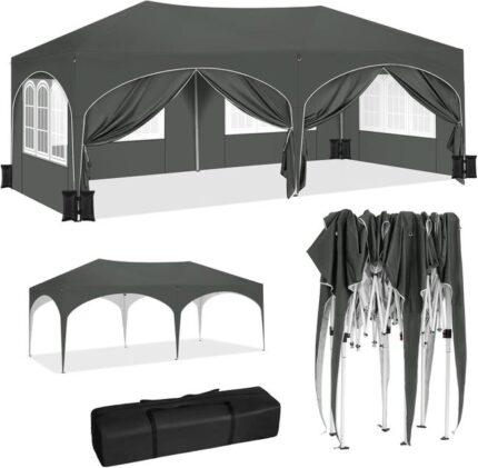 Tonnelle de Jardin 3x6m ,Tonnelle Pliante avec 6 Parois Latérales et 4 Sacs de Sable,Hauteur Réglable,Imperméable,Protection de UV,Gris,WOLTU