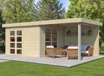 Abri jardin bois 28mm + toit acier et auvent - 19m2