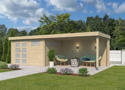 Abri jardin bois toit acier + auvent 24m2