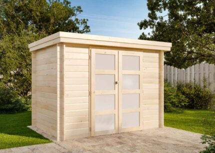 Cabane à outils Oregon Alpholz, 3x3.2m dim. ext. (cas échéant incl. débord de toit) naturel, épaisseur paroi : 28mm, 9,7m² totale