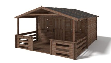 Abri de jardin en bois - 24m2 - 4x4m - Traité - Ep. 28mm - Couleur: marron - DOM144+DOM78+DOM79+POD05 - ALTANKA