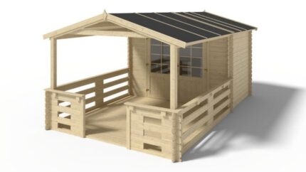 Abri de jardin en bois - 3x2 m + terrasse avec balustrade et avant-toit en bois - 15 m2 - DOM420+DOM394+DOM395+POD04 - ALTANKA